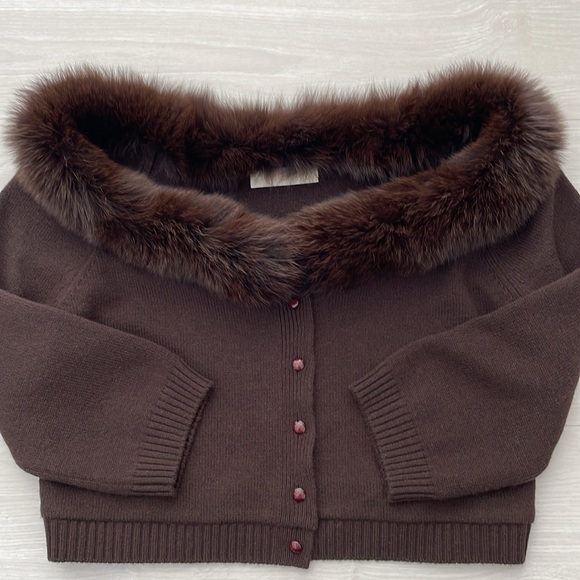 SALE! Valentino Brown Wool & Cashmere Blend Cropped Cardigan w/ Trim - Picture 7 of 12